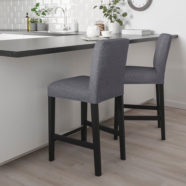BERGMUND bar stool with backrest, counter height black/Gunnared medium grey, 62 cm