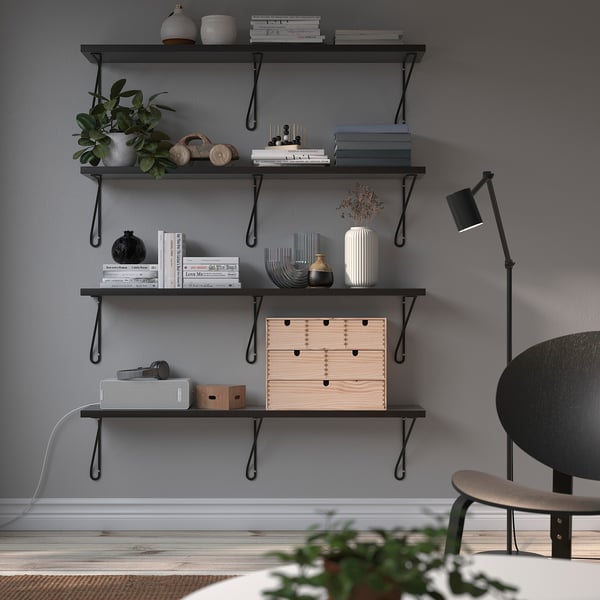 BERGSHULT / FÖRLÄGGARE wall shelf, brown-black/black, 120x20 cm