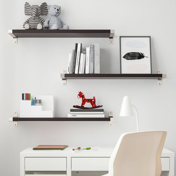 BERGSHULT / GRANHULT wall shelf combination, brown-black/nickel-plated, 80x20 cm