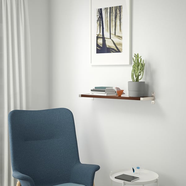 BERGSHULT / GRANHULT - Shelf and brackets, walnut/nickel-plated effect, 80x20 cm