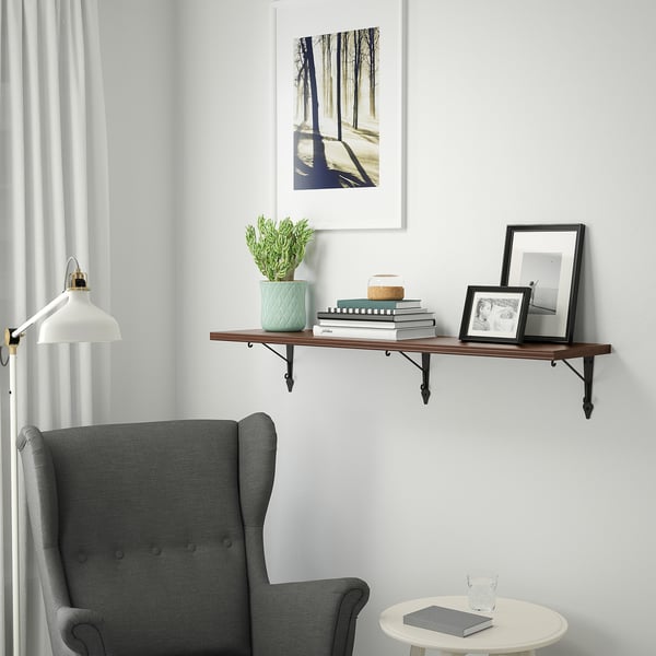 BERGSHULT / KROKSHULT wall shelf, walnut effect/anthracite, 120x30 cm