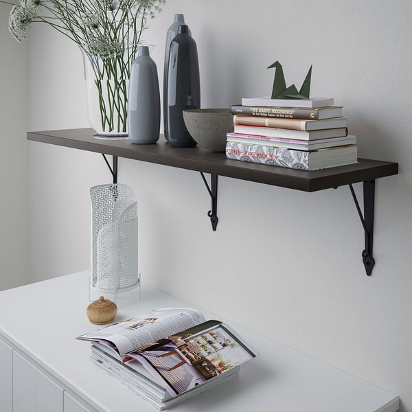 BERGSHULT / KROKSHULT wall shelf, brown-black/anthracite, 120x30 cm
