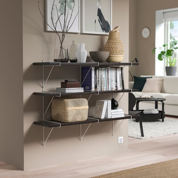 BERGSHULT / PERSHULT wall shelf combination, brown-black/white, 120x30 cm