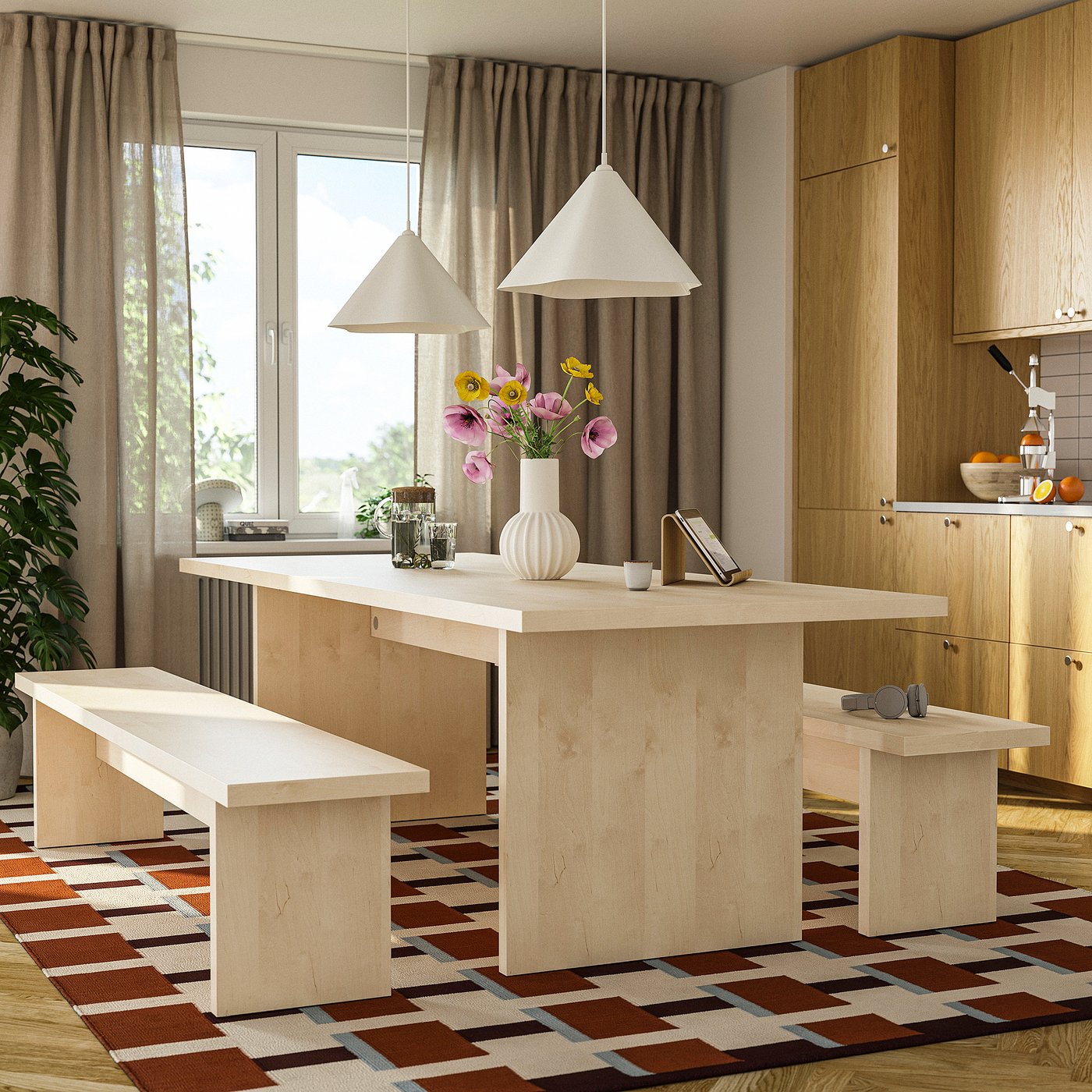 BERGSHYTTAN / BERGSHYTTAN table and 2 benches, tinted effect birch veneer/tinted effect birch veneer, 240x93 cm