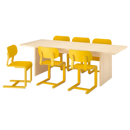 BERGSHYTTAN / LYCKAN table and 6 chairs, tinted effect birch veneer/yellow birch veneer, 240x93 cm
