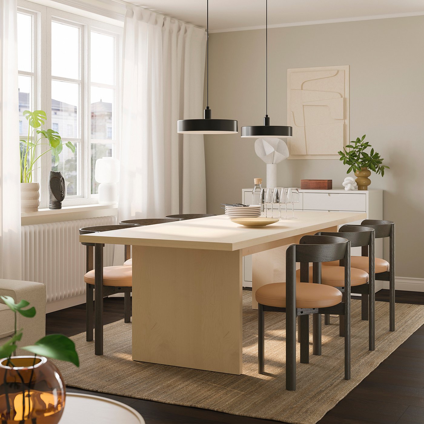 BERGSHYTTAN / STOCKHOLM 2025 table and 6 chairs, tinted effect birch veneer/leather dark brown, 240x93 cm