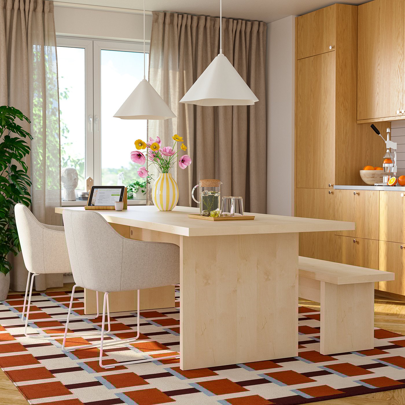 BERGSHYTTAN / TOSSBERG table with 2 chairs and bench, effetto tinto impiallacciatura di betulla/Gunnared beige bianco, 240x93 cm