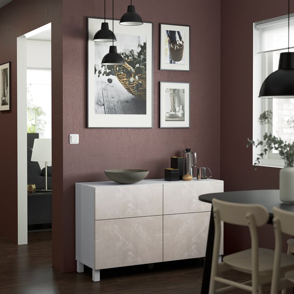BESTÅ storage combination w doors/drawers, white Bergsviken/Stubbarp/beige marble effect, 120x42x74 cm