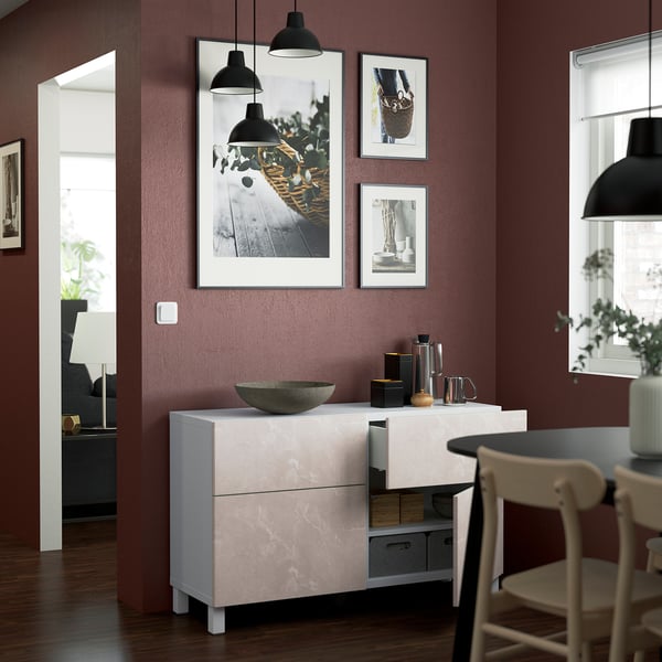 BESTÅ storage combination w doors/drawers, white Bergsviken/Stubbarp/beige marble effect, 120x42x74 cm