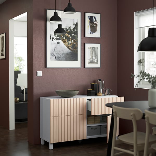BESTÅ - BESTÅ Storage combination w doors/drawers, white/Björköviken/Stubbarp birch veneer, 120x42x74 cm