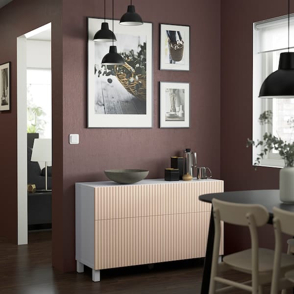 Ikea BESTÅ - Storage combination w doors/drawers, white/Björköviken/Stubbarp birch veneer, 120x42x74 cm