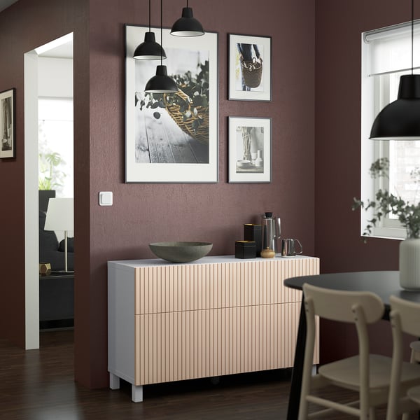 BESTÅ - BESTÅ Storage combination w doors/drawers, white/Björköviken/Stubbarp birch veneer, 120x42x74 cm