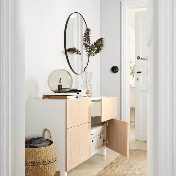 BESTÅ - Combination + doors/drawers, white/Fänrik/Stubbarp ash,120x42x74 cm