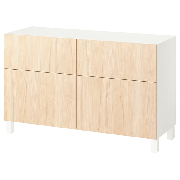 BESTÅ - Combination + doors/drawers, white/Fänrik/Stubbarp ash,120x42x74 cm
