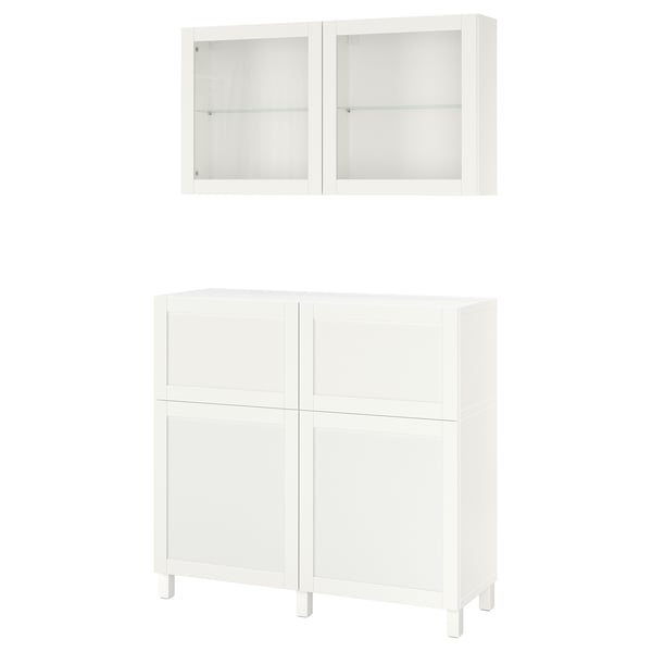 BESTÅ storage combination w doors/drawers, white/Hanviken/Stubbarp white clear glass, 120x42x213 cm