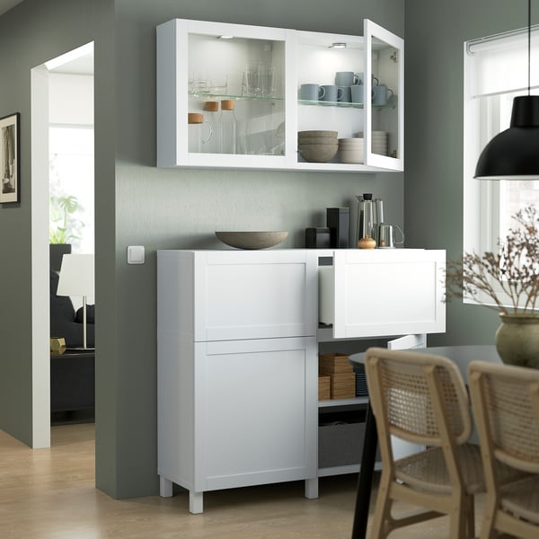 BESTÅ storage combination w doors/drawers, white/Hanviken/Stubbarp white clear glass, 120x42x213 cm
