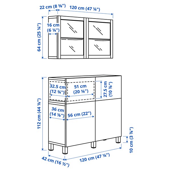 BESTÅ - Storage combination w doors/drawers, white/Hanviken/Stubbarp white clear glass, 120x42x213 cm