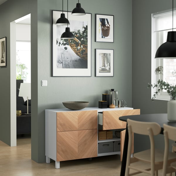 BESTÅ storage combination w doors/drawers, white/Hedeviken/Stubbarp oak veneer, 120x42x74 cm