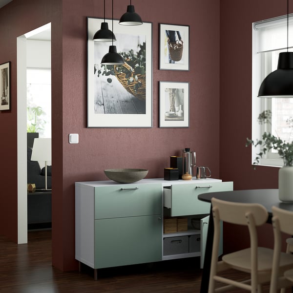 BESTÅ storage combination w doors/drawers, white/Hjortviken/Ösarp pale grey-green, 120x42x74 cm