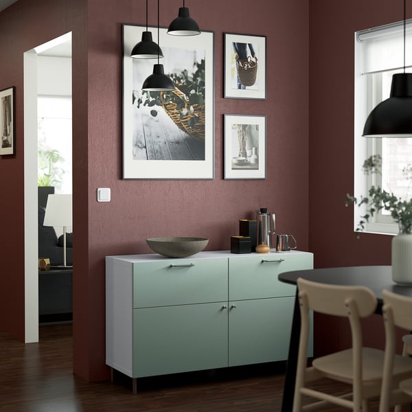 BESTÅ storage combination w doors/drawers, white/Hjortviken/Ösarp pale grey-green, 120x42x74 cm