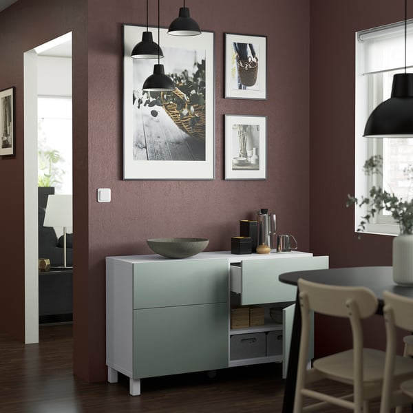 BESTÅ storage combination w doors/drawers, white/Hjortviken/Stubbarp pale grey-green, 120x42x74 cm