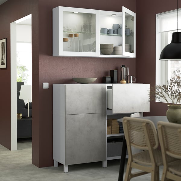 BESTÅ - BESTÅ Storage combination w doors/drawers, white Kallviken/Stubbarp/light grey concrete effect, 120x42x213 cm