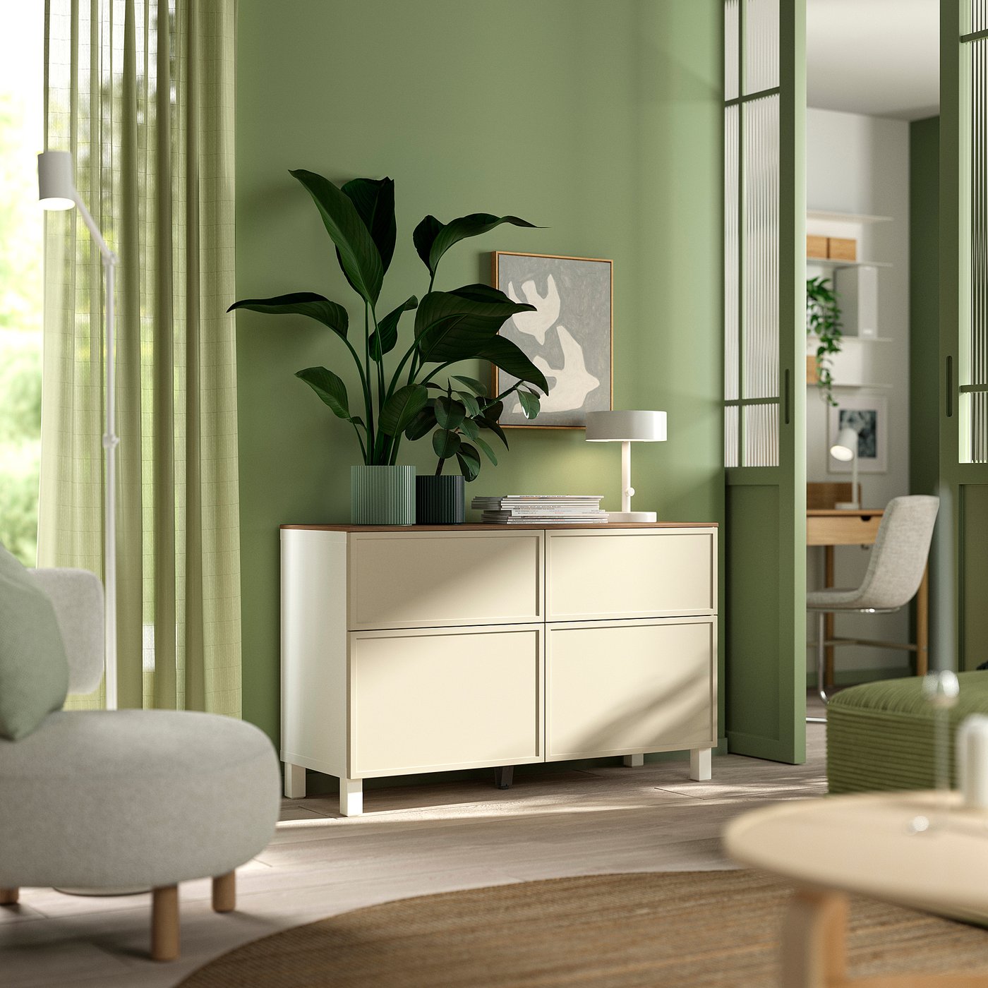 BESTÅ storage combination w doors/drawers, white/Krukmakare beige, 120x42x75 cm