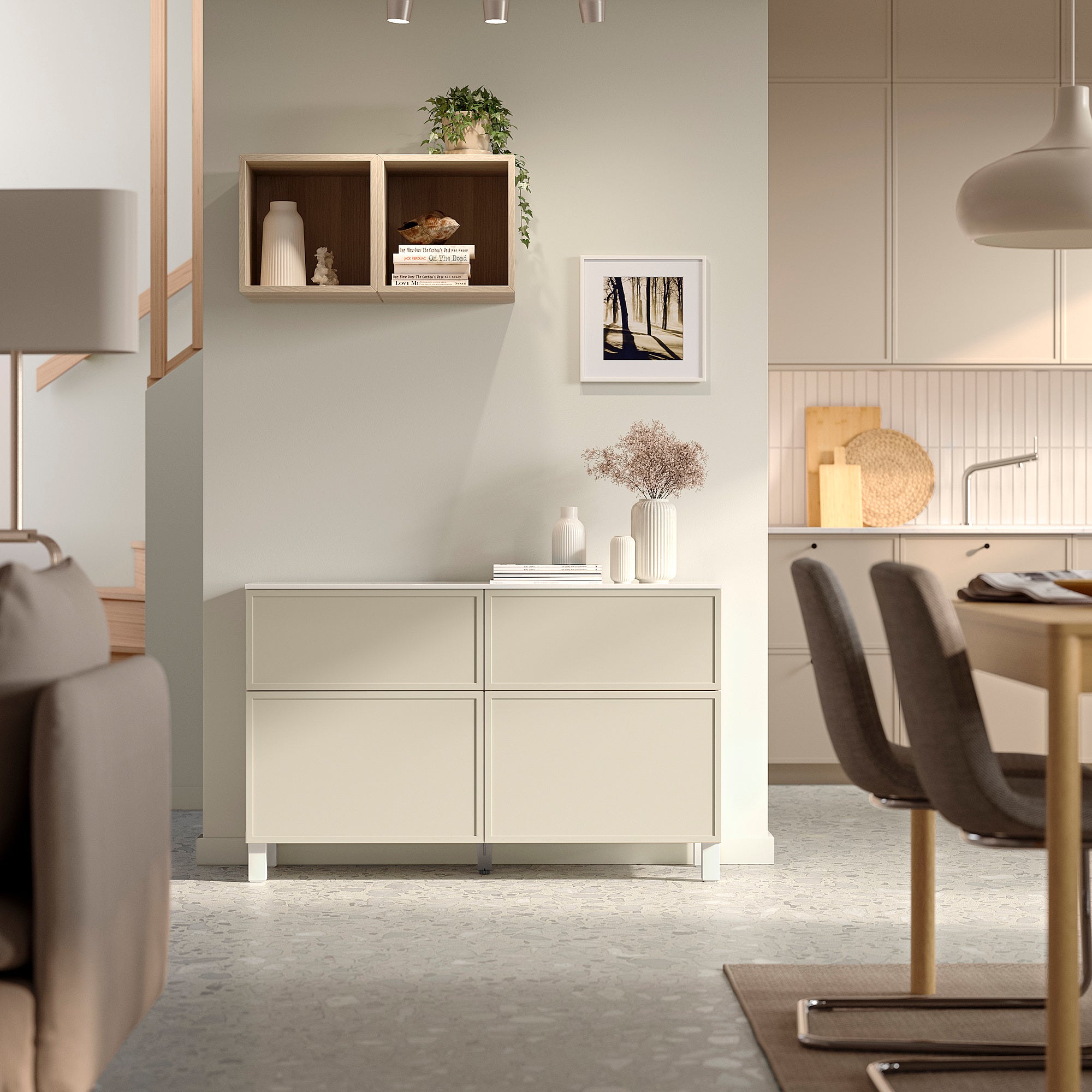 BESTÅ storage combination w doors/drawers, white/Krukmakare beige, 120x42x75 cm