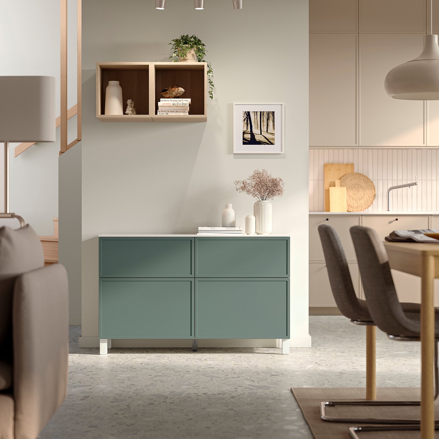 BESTÅ storage combination w doors/drawers, white/Krukmakare dark grey-green, 120x42x75 cm
