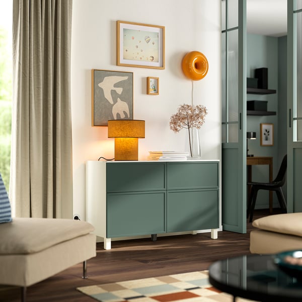 BESTÅ storage combination w doors/drawers, white/Krukmakare dark grey-green, 120x42x75 cm