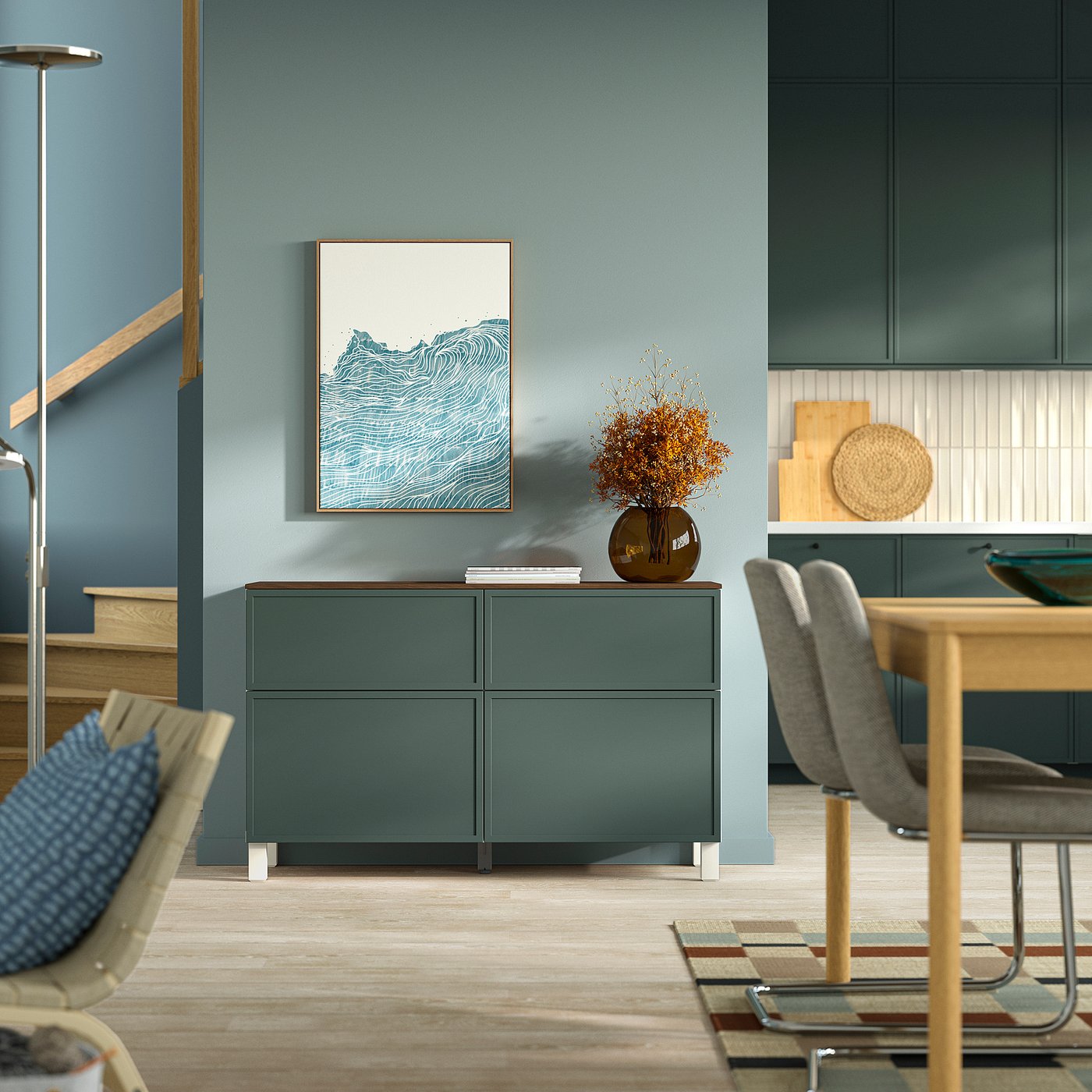BESTÅ storage combination w doors/drawers, white/Krukmakare dark grey-green, 120x42x75 cm