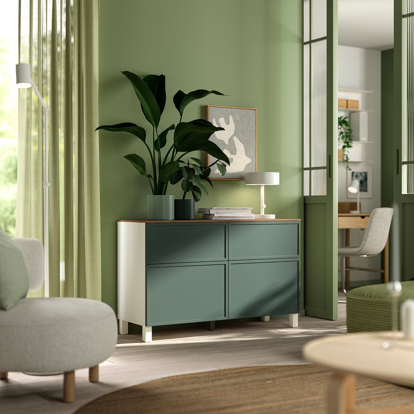 BESTÅ storage combination w doors/drawers, white/Krukmakare dark grey-green, 120x42x75 cm