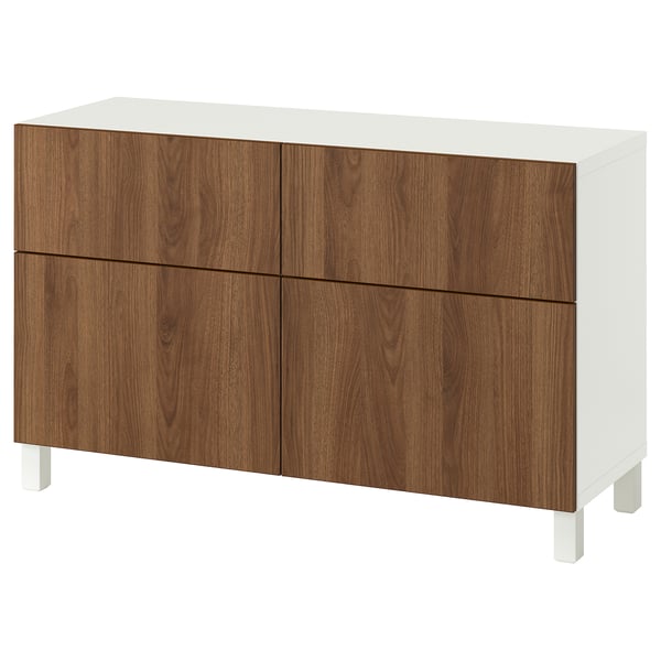 BESTÅ combination + doors/drawers, white/Lappviken/Stubbarp walnut effect, 120x42x74 cm
