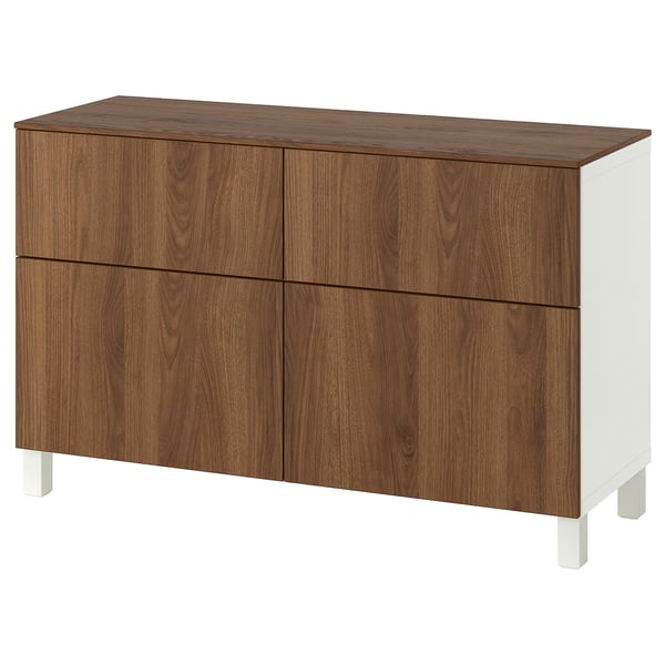 BESTÅ combination + doors/drawers, white/Lappviken/Stubbarp walnut effect, 120x42x75 cm