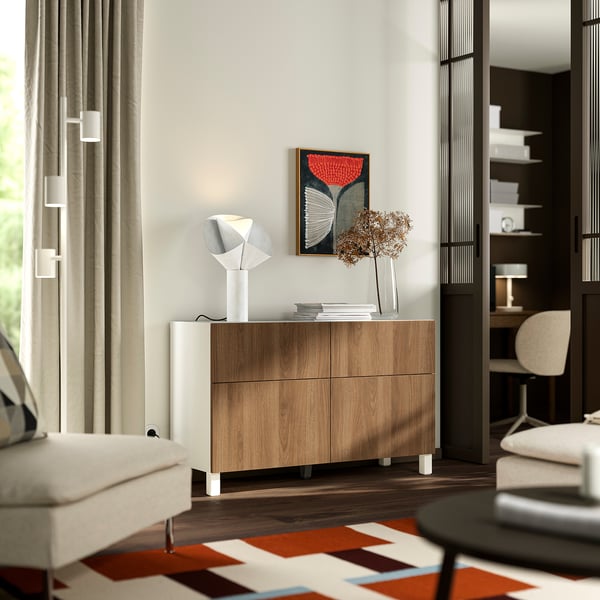 BESTÅ combination + doors/drawers, white/Lappviken/Stubbarp walnut effect, 120x42x74 cm