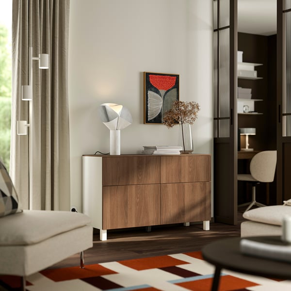 BESTÅ combination + doors/drawers, white/Lappviken/Stubbarp walnut effect, 120x42x75 cm