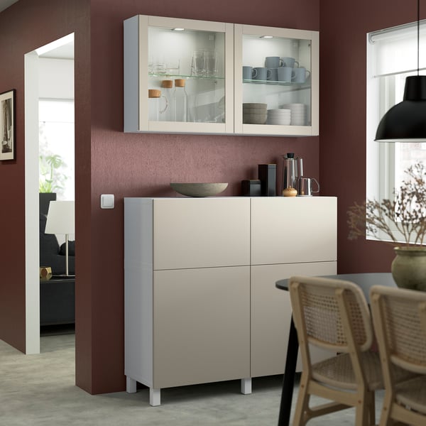 BESTÅ storage combination w doors/drawers, white Lappviken/Stubbarp/light grey-beige clear glass, 120x42x213 cm