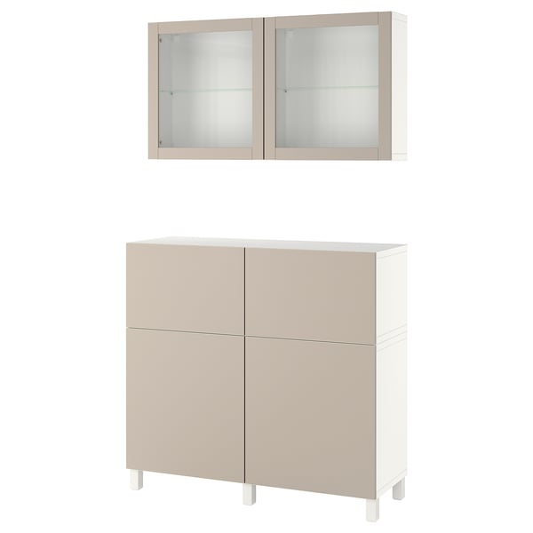 BESTÅ storage combination w doors/drawers, white Lappviken/Stubbarp/light grey-beige clear glass, 120x42x213 cm