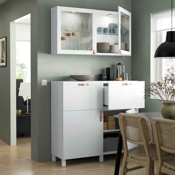 BESTÅ storage combination w doors/drawers, white/Lappviken/Stubbarp white clear glass, 120x42x213 cm