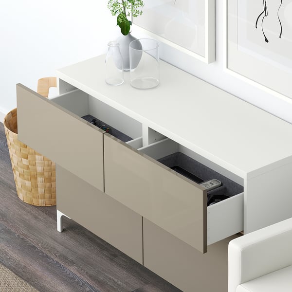 BESTÅ storage combination w doors/drawers, white/Selsviken high-gloss/beige, 120x42x74 cm