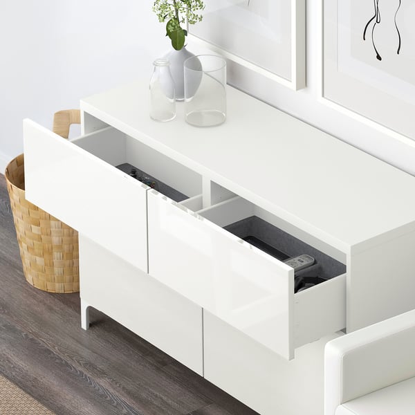 BESTÅ storage combination w doors/drawers, white/Selsviken high-gloss/white, 120x42x74 cm