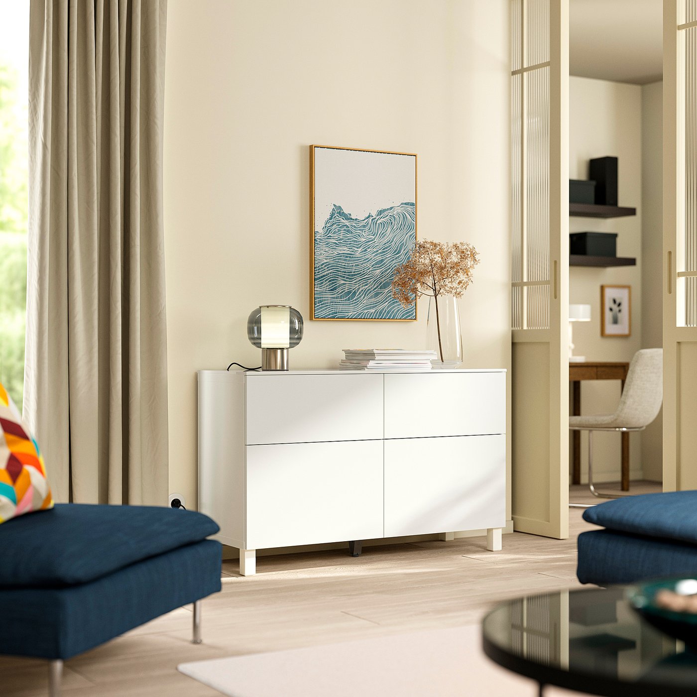 BESTÅ storage combination w doors/drawers, white/Selsviken/Stubbarp white, 120x42x75 cm