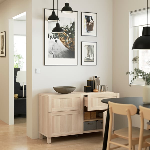 BESTÅ storage combination w doors/drawers, white stained oak effect/Hanviken/Stubbarp white stained oak effect, 120x42x74 cm