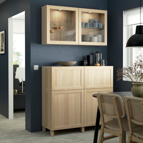 BESTÅ - Combination + doors/drawers, oak effect with white stain/Hanviken/Stubbarp white oak effect glass, 120x42x213 cm