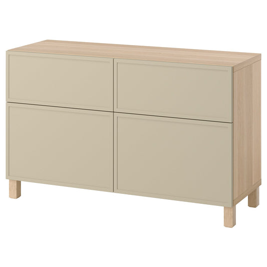 BESTÅ storage combination w doors/drawers, white stained oak effect/Krukmakare beige, 120x42x74 cm