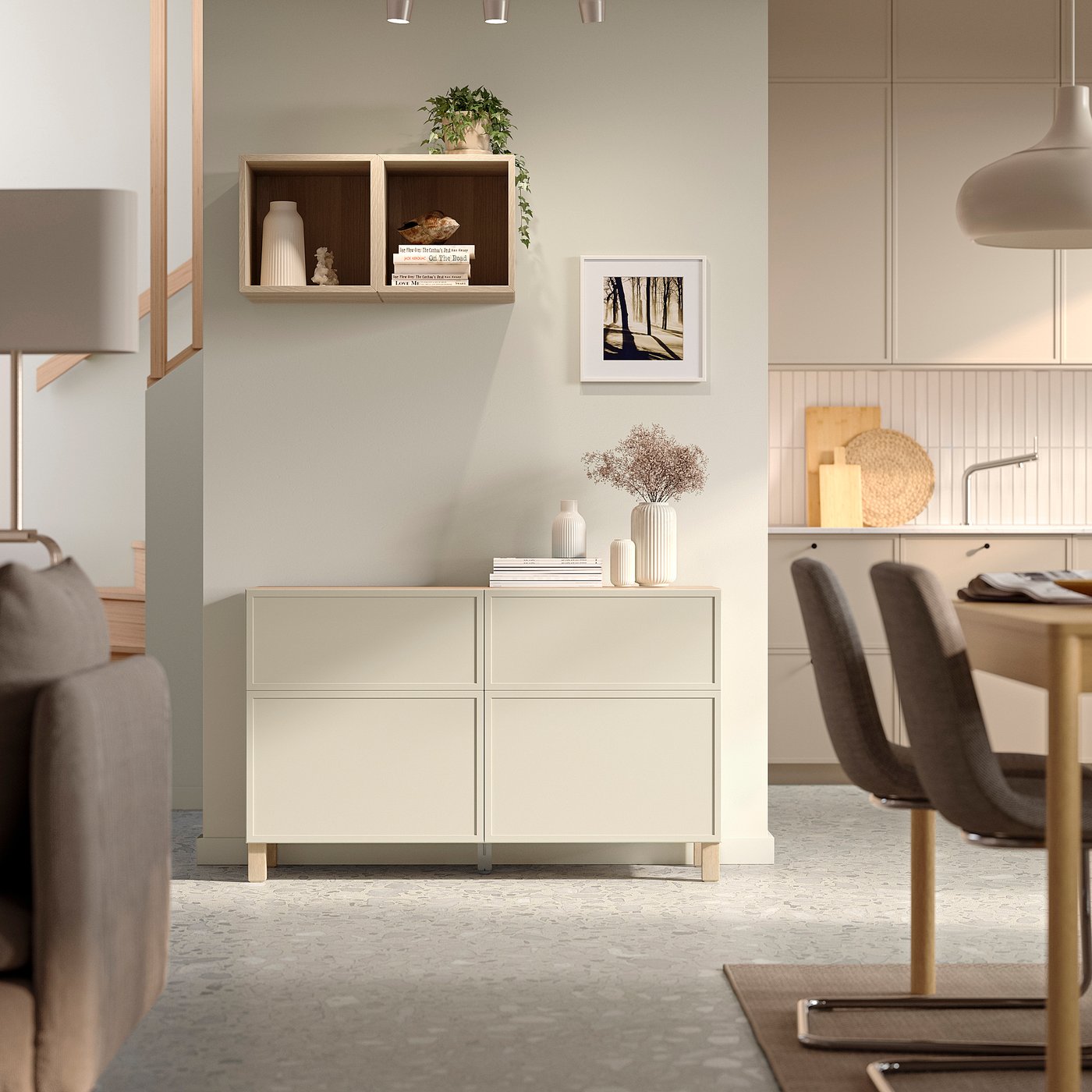 BESTÅ storage combination w doors/drawers, white stained oak effect/Krukmakare beige, 120x42x74 cm