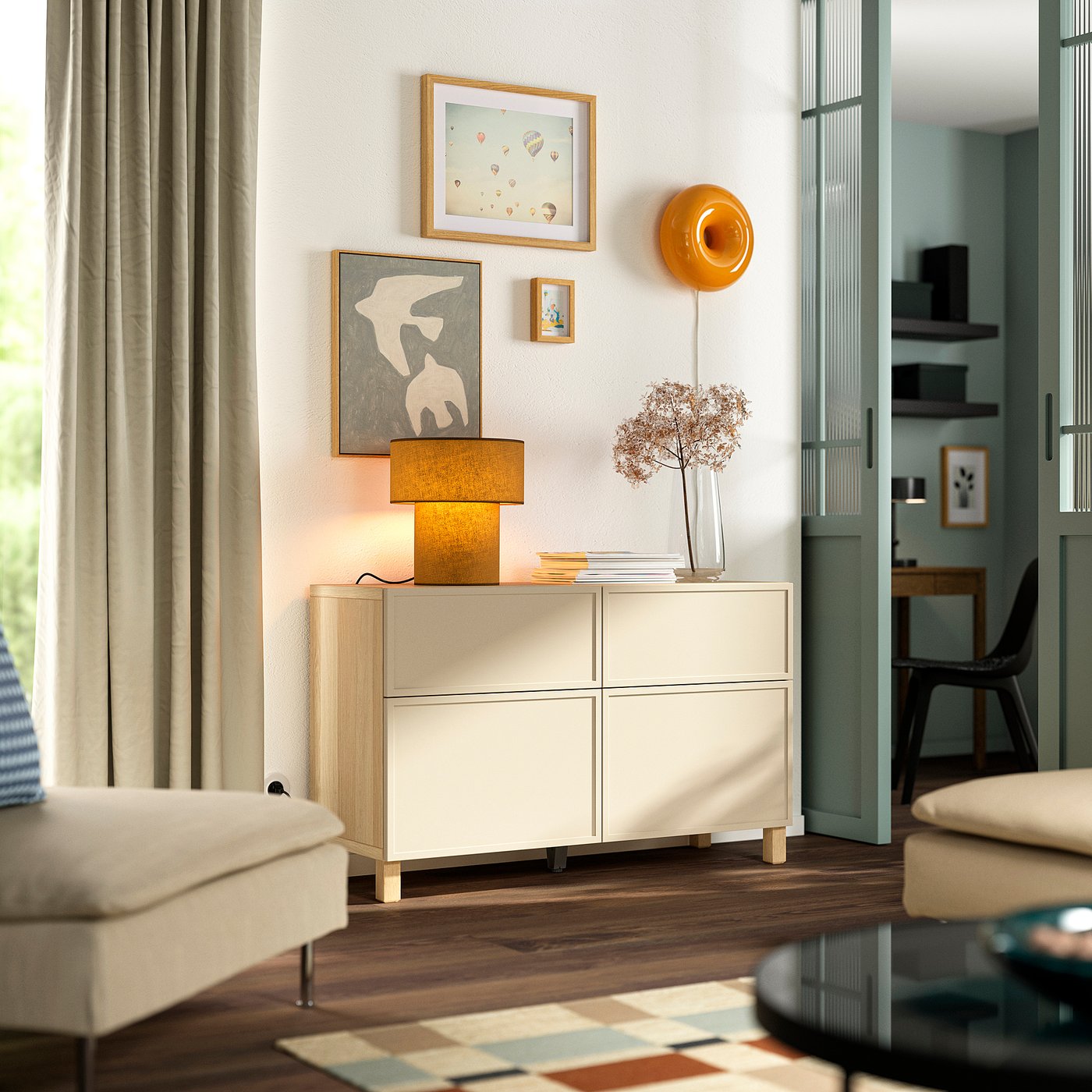 BESTÅ storage combination w doors/drawers, white stained oak effect/Krukmakare beige, 120x42x74 cm
