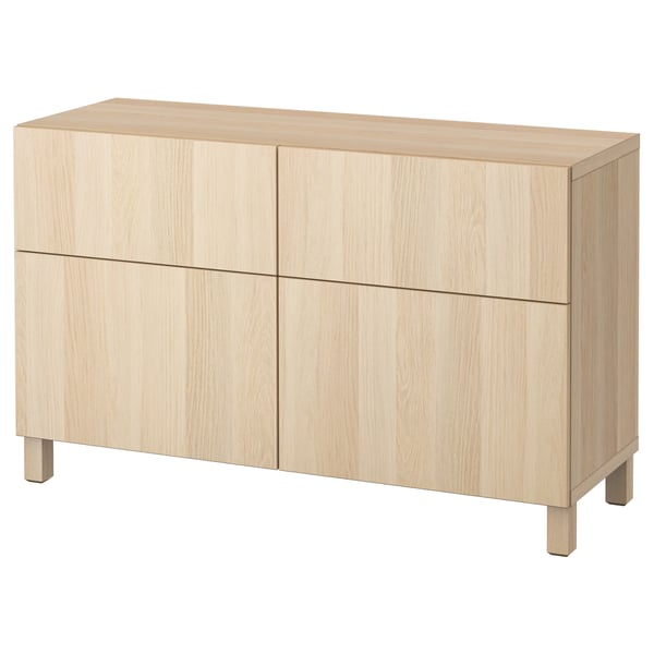 BESTÅ - BESTÅ Storage combination w doors/drawers, white stained oak effect/Lappviken/Stubbarp white stained oak effect, 120x42x74 cm