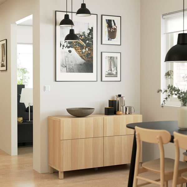 BESTÅ - BESTÅ Storage combination w doors/drawers, white stained oak effect/Lappviken/Stubbarp white stained oak effect, 120x42x74 cm