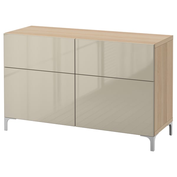 BESTÅ storage combination w doors/drawers, white stained oak effect/Selsviken high-gloss/beige, 120x42x74 cm